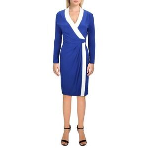 Kasper Wrap Dress Womens‎ Small Royal Blue White Contrast Sheath Midi Casual NWT